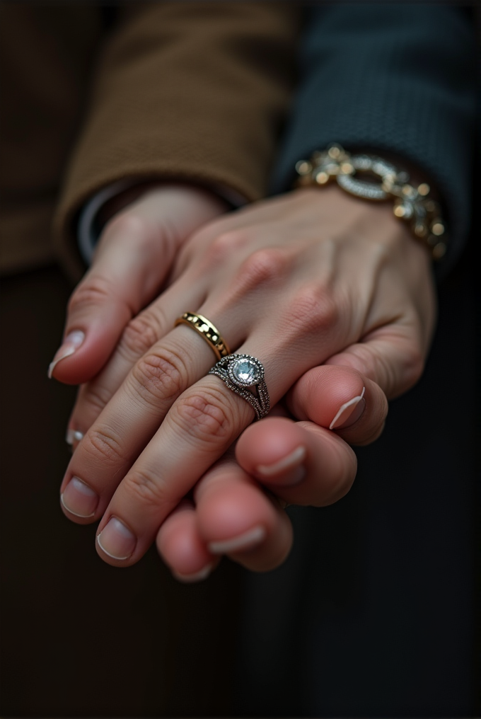 Two hands are gently holding each other, adorned with elegant rings and bracelets.