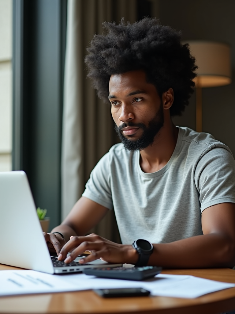 A person with an afro hairstyle and beard types on a laptop at a wooden desk by a window, with papers, a calculator, and a pen nearby.