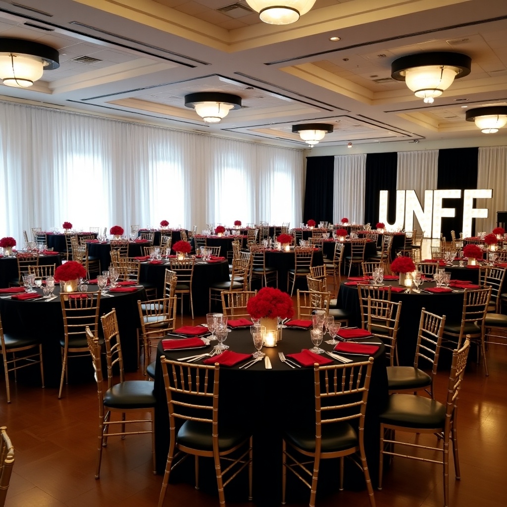 The image depicts a large, elegant banquet space set for an event. The room is decorated with white shimmering tablecloths and features black and white draping. Eye-catching 5-foot tall light-up letters spell out UNCF prominently. Each table is adorned with black linens, red napkins, and vibrant red floral centerpieces, complemented by gold chiavari chairs. The atmosphere is bright and inviting, suitable for formal gatherings, showcasing attention to detail in design and decor. This setup highlights a seamless blend of sophistication and warmth, making it ideal for memorable occasions.