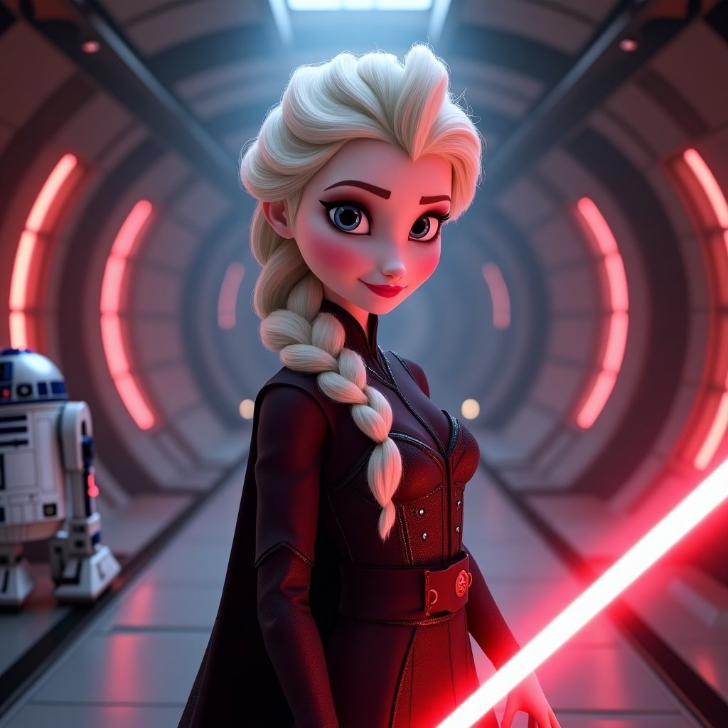 D-rendered image of a character resembling Elsa from Frozen as a Sith Lord in a Star Wars universe. Character has platinum-blonde hair in an elegant braid and wields a glowing red lightsaber. Background features a high-tech Star Wars-themed spaceship hangar with R2-D2. The atmosphere has dark cinematic intensity and a dark aura.