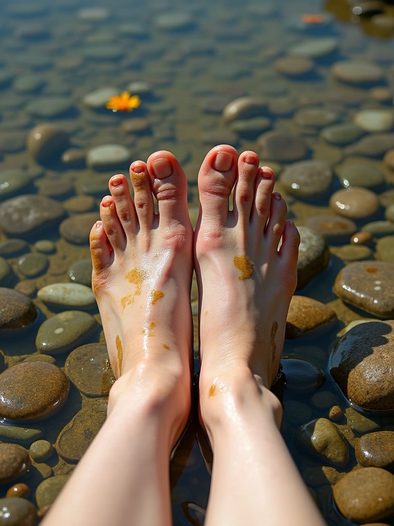 Feet resting in a lake surrounded by smooth stones. Skin appears white and relaxed. Sunlight brightens the setting. Small flower present near the feet. Feet are wet and slightly dirty from the lake bed.