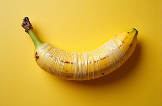 A ripe banana tightly wrapped with plastic on a vibrant yellow background.