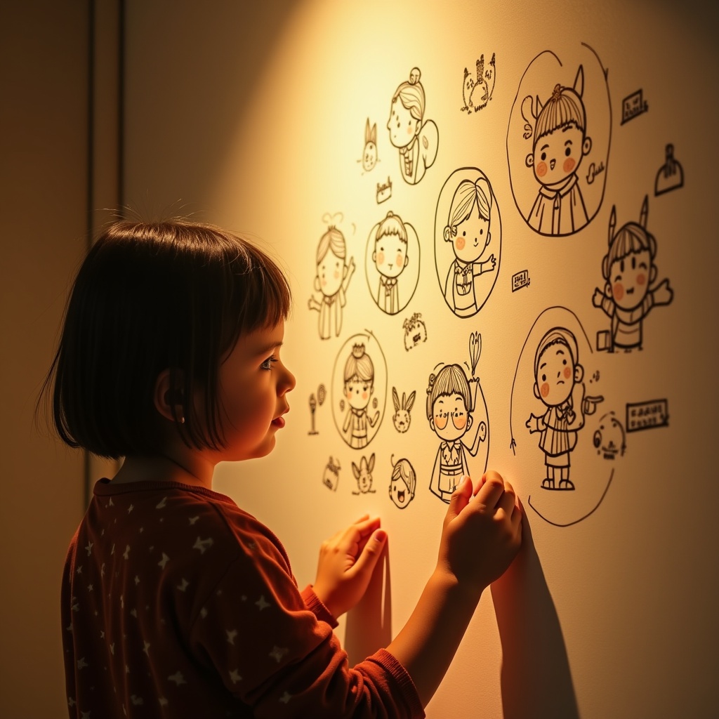 Person draws cute characters on a wall under warm lighting.