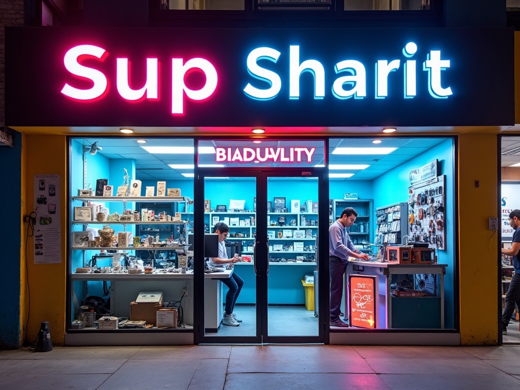 The image features a vibrant storefront named 'Sup Sharit', illuminated with colorful neon lights. The shop is designed with a modern aesthetic, showcasing various items on shelves lit by bright blue walls. Inside, customers are engaged in browsing, adding a dynamic aspect to the scene. The overall ambiance is welcoming and contemporary, ideal for attracting passersby. The prominent neon signage enhances the visibility of the business at night. This visually appealing setup makes it an attractive location for shopping enthusiasts.