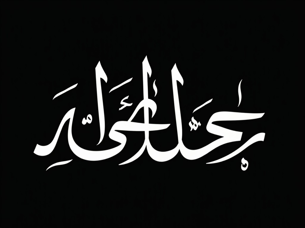 This image showcases stylized Arabic calligraphy, beautifully crafted with an elegant arrangement. The text is predominantly white, creating a striking contrast against a deep black background. The fluidity of the calligraphy is captured through its intricate loops and curves. Each character flows seamlessly into the next, enhancing the overall artistic feel. The play of light and shadow adds depth to the letters, highlighting their graceful forms. This artwork combines modern creativity with traditional calligraphic techniques, making it a unique representation of cultural heritage.