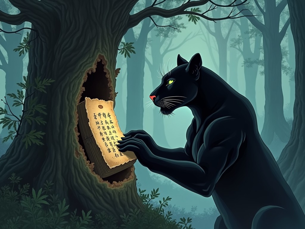 In a mystical forest shrouded with mist, a sleek black panther carefully examines an ancient scroll hidden within the hollow of a tree. Its luminous eyes suggest intelligence and curiosity, as it scrutinizes the mysterious symbols inscribed on the parchment. The surrounding environment adds an air of enchantment and mystery to the scene, inviting viewers to imagine the panther's quest for knowledge or secret purpose.