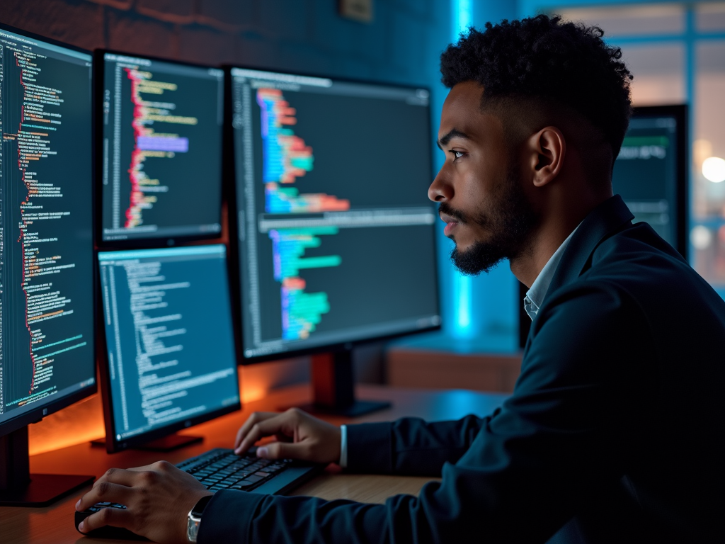 A person intently working on a computer with multiple screens displaying colorful code.