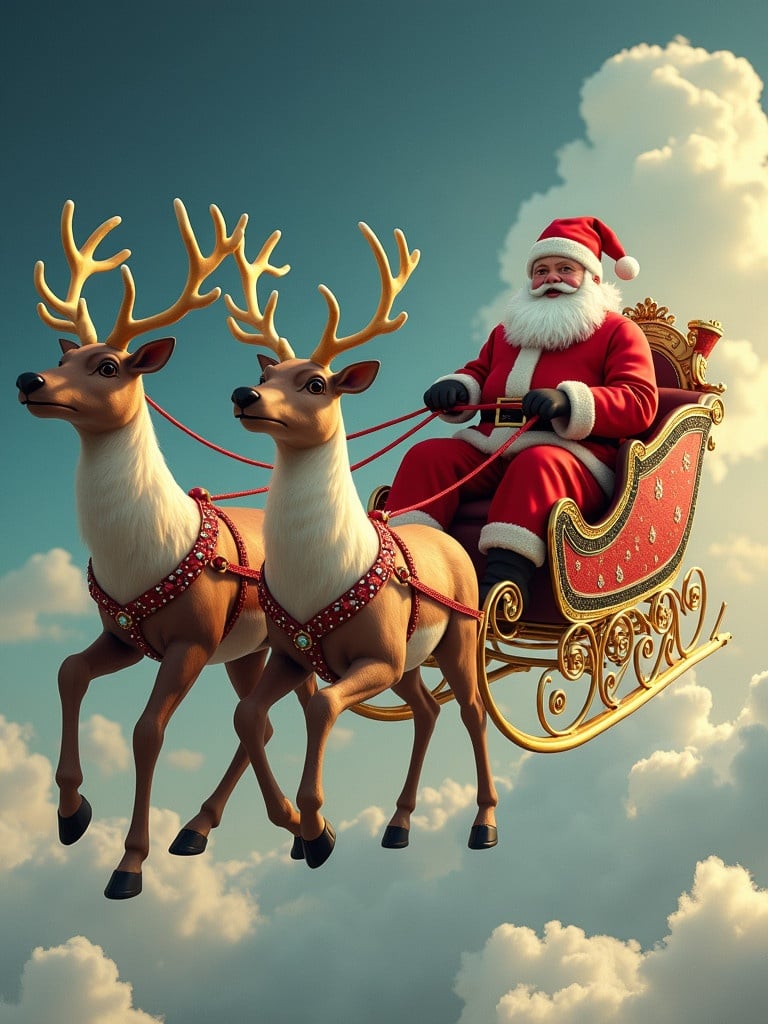 Vintage reindeer flying through clouds. Santa dressed in red. Sleigh adorned with jewels. Cheerful scene.