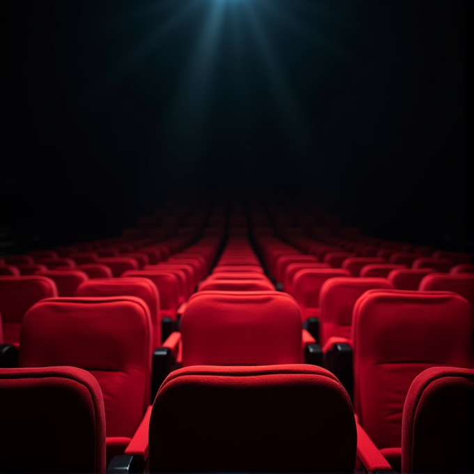 Rows of bright red cinema seats lead into a dimly lit theater, highlighting an empty auditorium.