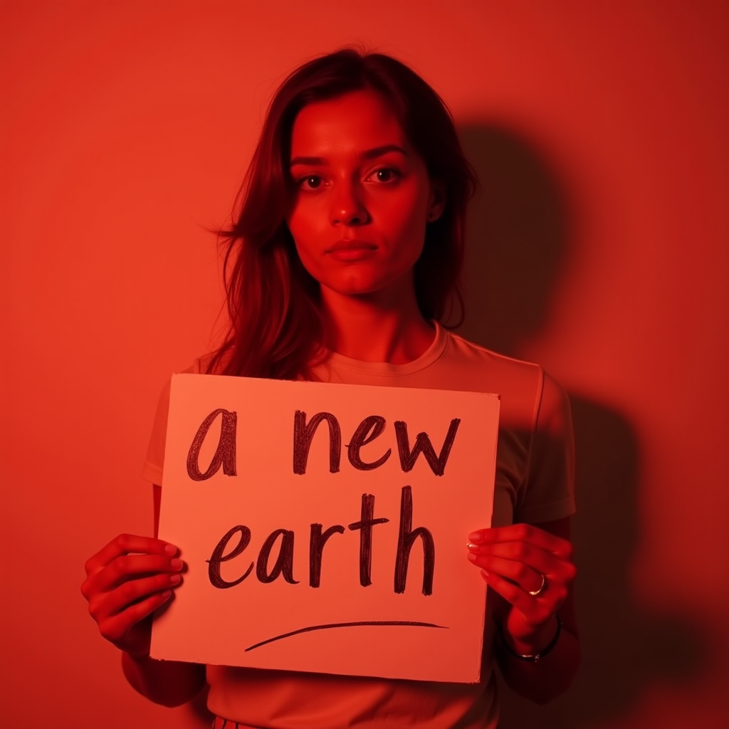 A woman holds a sign saying 'a new earth' under red lighting.