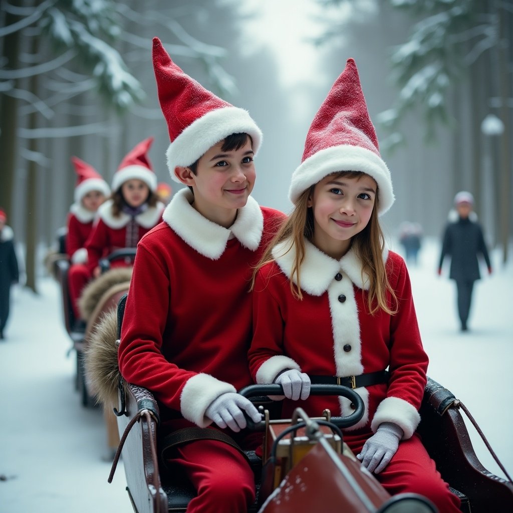 Children dressed in red and white Christmas outfits riding on a sleigh through a snowy forest. The scene suggests a festive and joyful atmosphere during the holiday season.