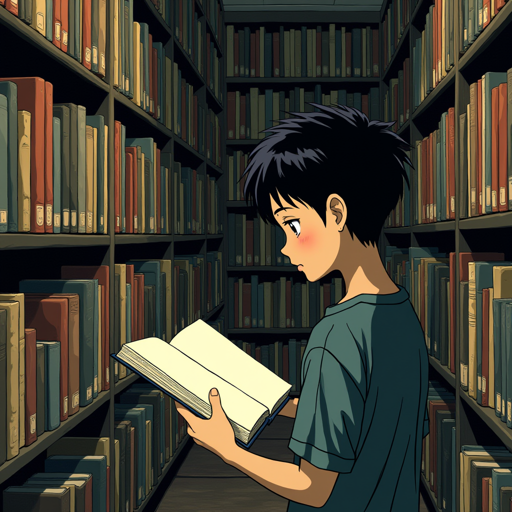 An anime-style illustration of a young person reading a book between towering library shelves.