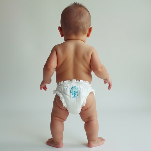 A baby standing up wearing a white diaper. The baby's back is facing the camera. The skin is smooth and healthy with a light tone. The background is simple and light colored.