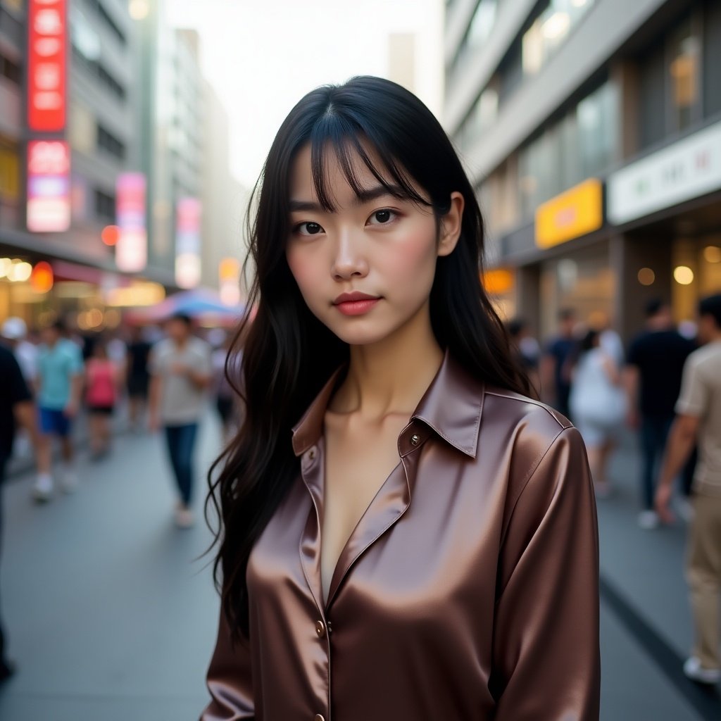 Stylish individual in a silk shirt with long dark hair and natural Japanese eyes. Urban street environment with people in the background.