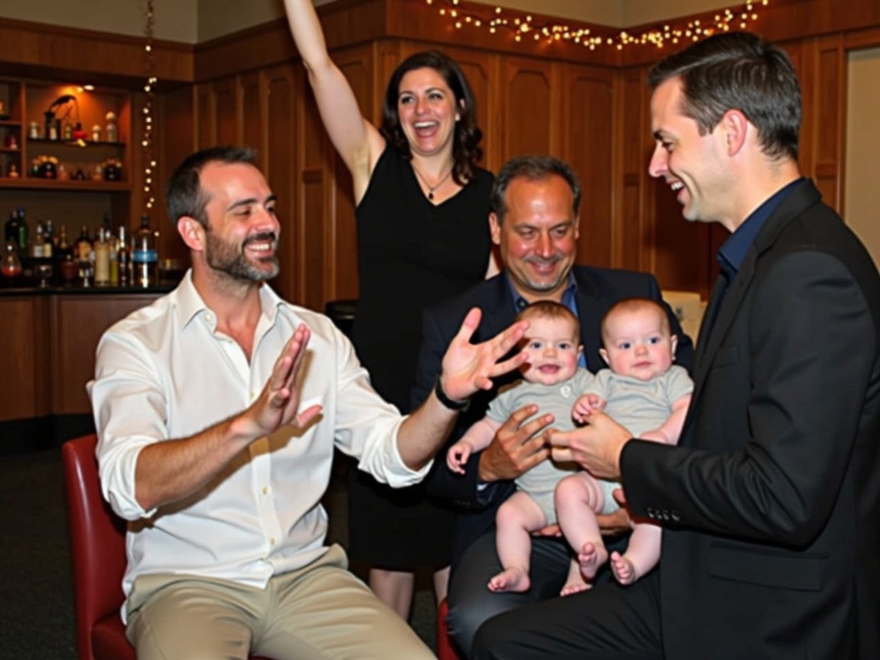 This image captures a lively indoor gathering. A group of adults is interacting, with one man in a white shirt animatedly talking and gesturing. Another man, seated, is holding two babies, who are smiling and dressed in light outfits. In the background, a woman in a dark dress stands with one arm raised, seemingly engaged in the conversation. The setting features wooden paneling and festive lighting, creating a cozy atmosphere. There is also a bar area with drinks visible, indicating a social occasion. Overall, the image conveys warmth and family interaction.