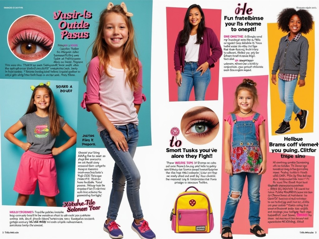 This magazine spread features several children modeling trendy outfits, showcasing a variety of fashion styles suitable for kids. The layout includes five different models, each showcasing unique clothing items and accessories. Bright colors dominate the page, appealing to a young audience. The text includes playful tips and fun themes related to the outfits. This visual is designed to inspire both children and parents for fashionable choices. Overall, it serves as an engaging advertisement for children's clothing.