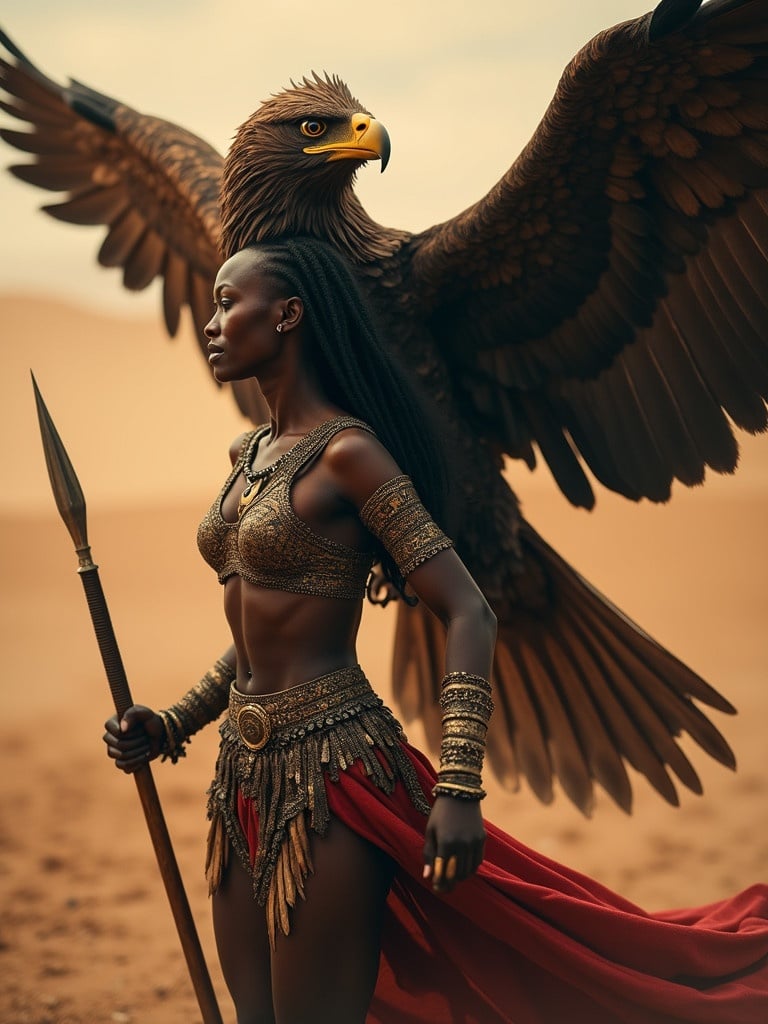 A black African princess dressed in traditional armor. She holds a spear and wears an eagle as wings. The background depicts a desert landscape. The scene conveys a sense of strength and bravery.