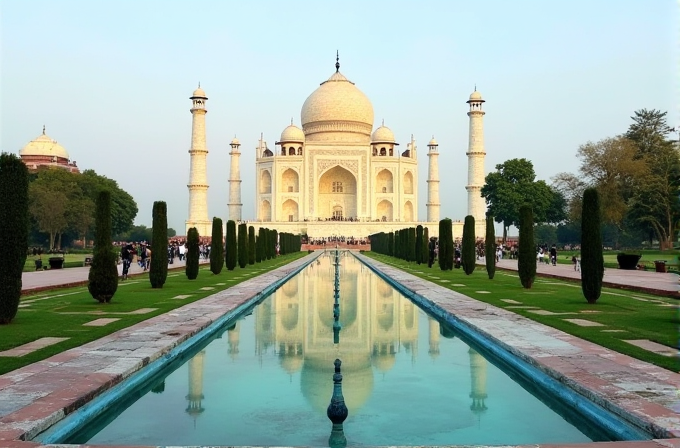 The Taj Mahal is reflected in the calm waters of a long, rectangular pool surrounded by greenery.