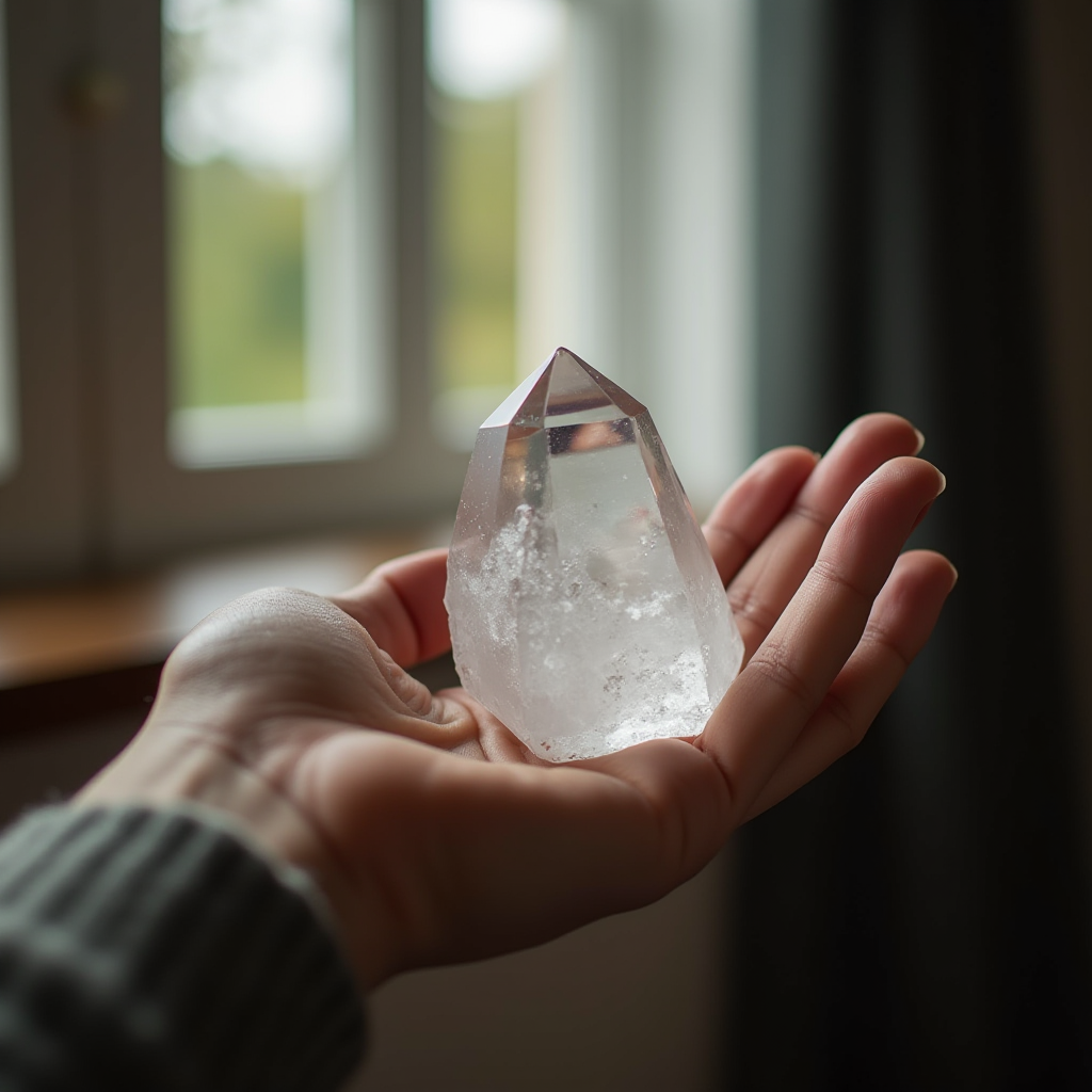 A clear quartz crystal, elegantly held in a person's hand, is illuminated by soft natural light from a nearby window.