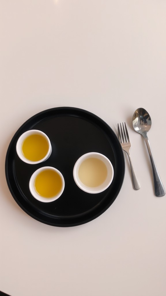 A minimalist setup featuring three cups with liquids on a black tray, accompanied by a fork and spoon.