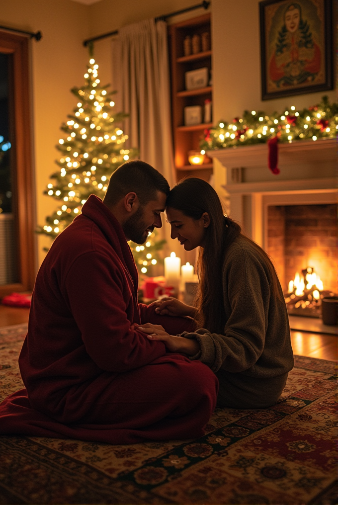 A couple sits by a Christmas tree and fireplace, sharing an intimate moment.