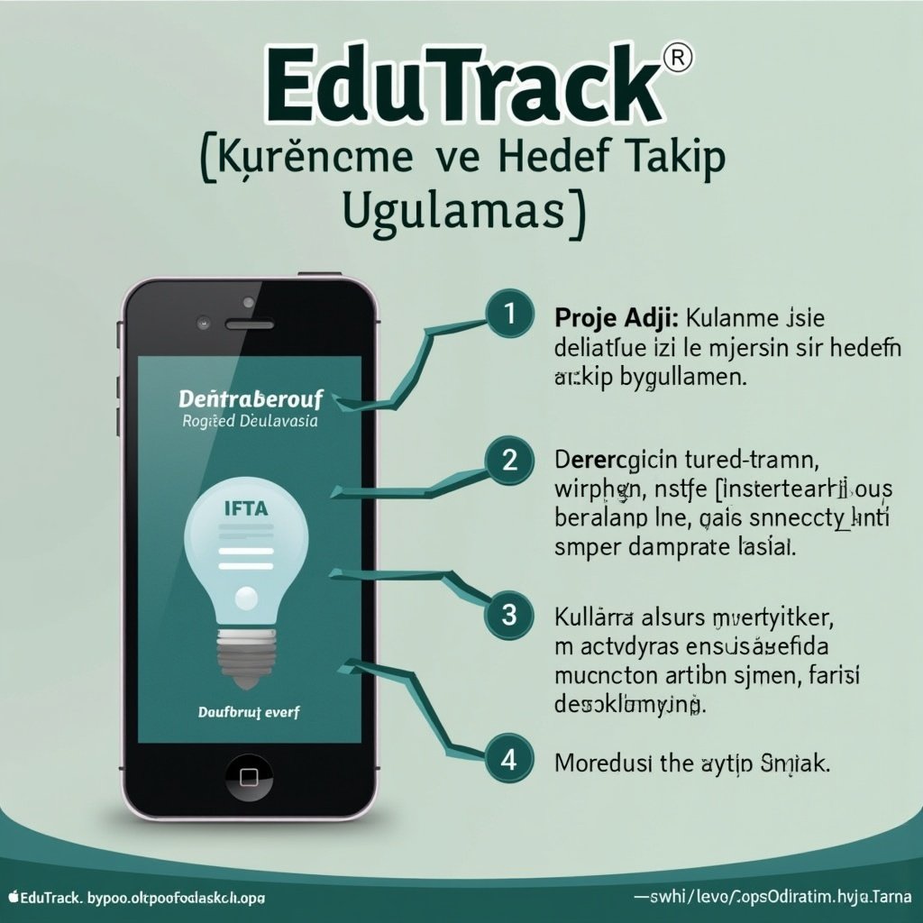 Infographic showing features and purpose of EduTrack learning and goal tracking application. Includes project name, purpose, scope, features, audience, technology stack, management approach, and UI design preparation.