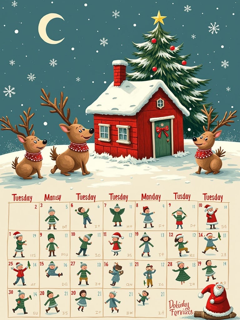 Block calendar for Christmas countdown with a winter theme. Features a red house and festive decorations. Includes reindeer and elves in a snowy setting. Calendar layout showing days leading up to Christmas. Illustrated in a playful, colorful style.