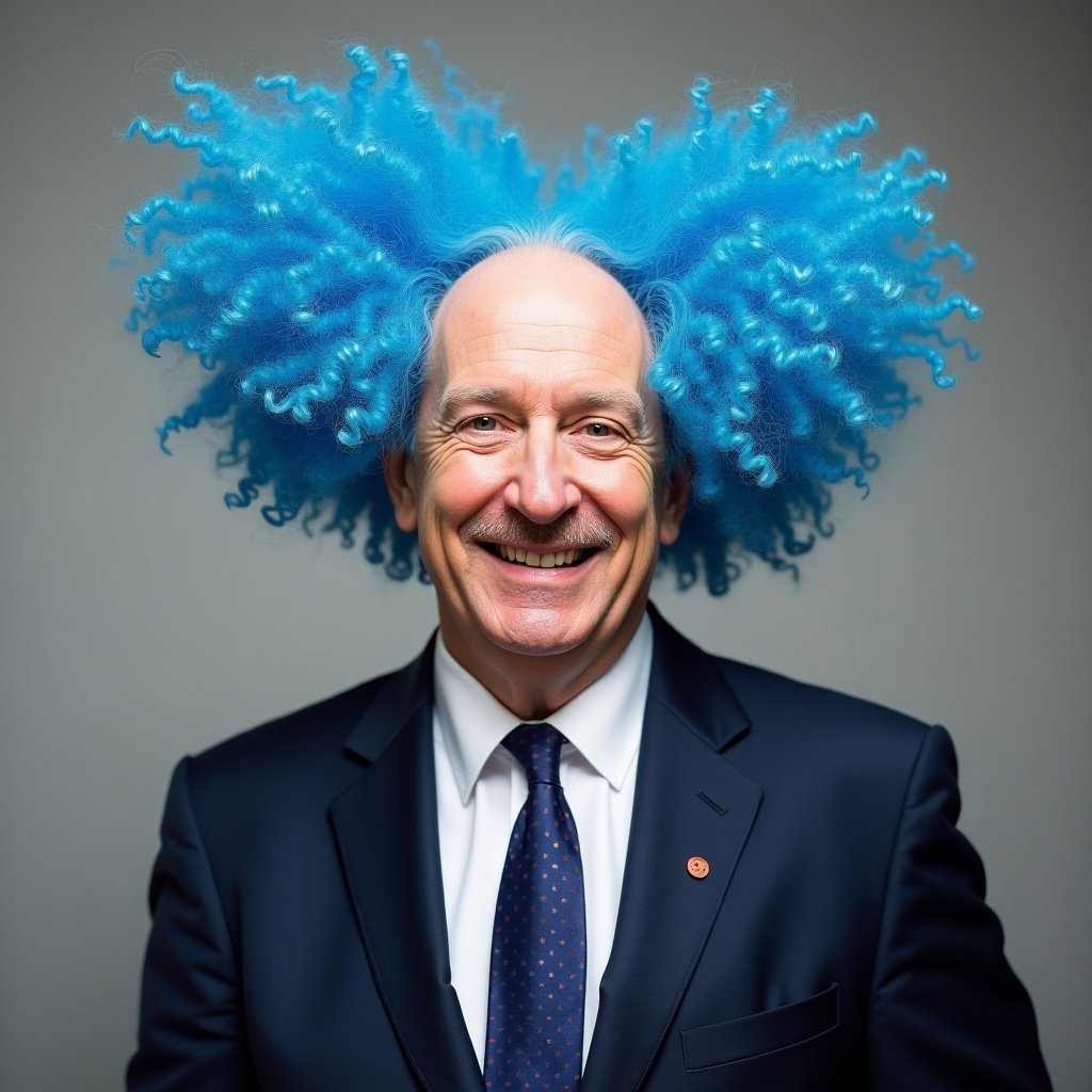 A subject with a vibrant blue curly hairstyle dressed in a formal suit.