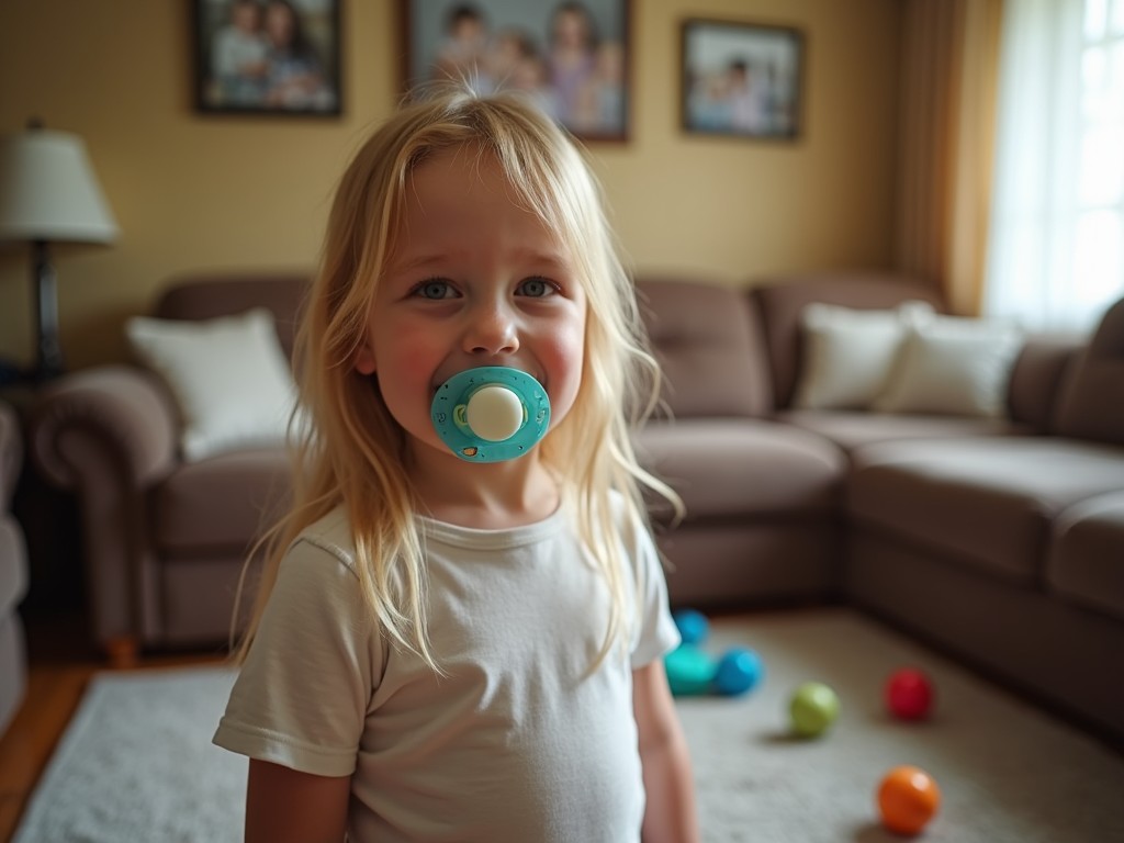 a young child with long blonde hair standing in a living room with a pacifier in their mouth, soft couches in the background, playful toys scattered on the carpet