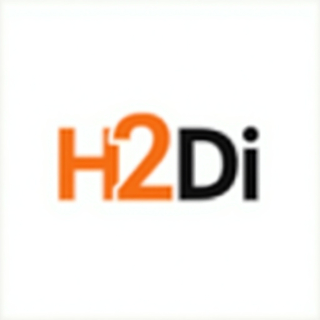 The image features a modern, minimalist text-only logo for 'H2Di'. It primarily uses orange and black colors against a white background. The design is sleek and contemporary, showcasing the letters 'H', '2', 'D', and 'i' in a balanced manner. This logo is suitable for a range of industries, particularly tech and engineering. It reflects innovation and professionalism with its clean lines and straightforward aesthetic.