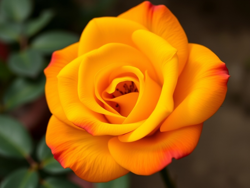 A vivid orange rose with red-tipped petals in full bloom.