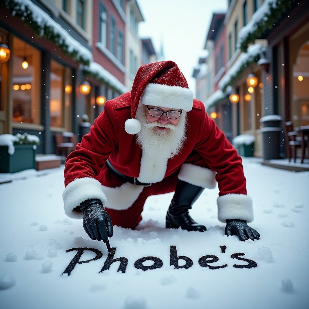 Santa Claus writes Phoebe's name in snow. He wears traditional red and white outfit with black boots and belt. Snowy street has charming buildings. Soft winter light creates a warm atmosphere. The scene conveys a cheerful holiday mood.