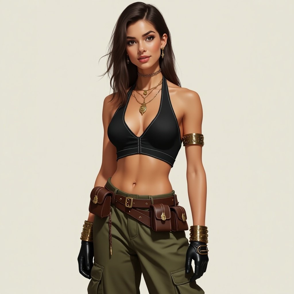 Woman stands confidently showcasing muscular arms and shoulders. She wears a black halter top with gold metal cuffs. The top has a stitched cut by the chest. Olive green cargo pants flow at the bottom. A brown and gold belt holds pouches. She has a gold necklace with multiple pendants. The hair is brown and straight, extending beyond the shoulders. Black finger gloves cover the forearms. Gold cuffs adorn the wrists along with earrings.