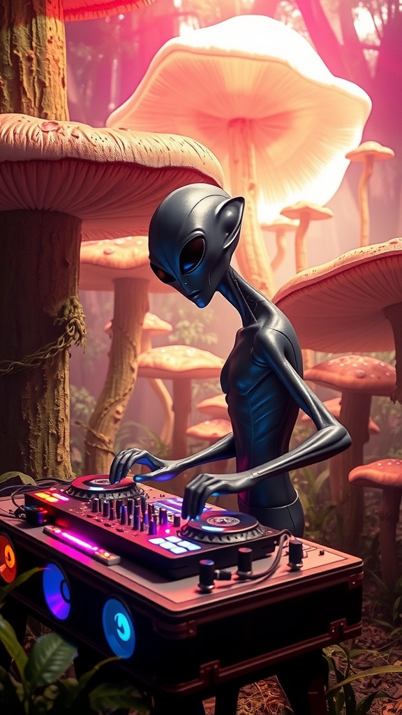 An alien DJ playing music on turntables amidst giant glowing mushrooms in a surreal forest.