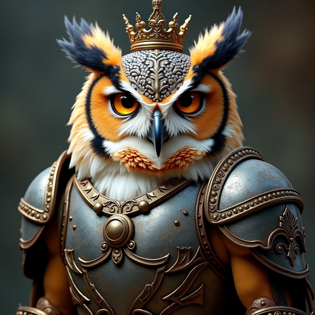 Majestic owl in intricate armor. Owl features a crown. Highly detailed and stylized artwork.