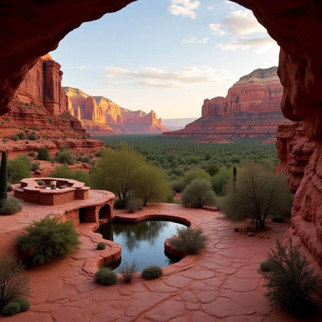 An Arizona vacation package featuring Sedona and Scottsdale. Show beautiful rock formations, a serene pond, and lush desert vegetation under a sunset sky.