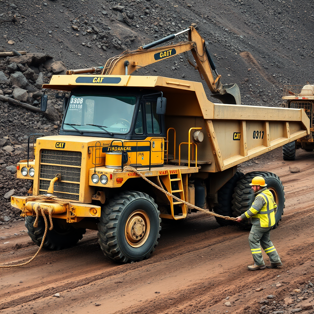 A miner in a high-visibility suit secures a rope to a large yellow Caterpillar dump truck in a rocky, open-pit mining environment.