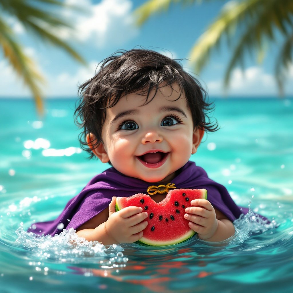 A happy baby floats in the Caribbean sea. The baby wears a purple cape. The baby eats a piece of watermelon. The setting is vibrant and tropical.