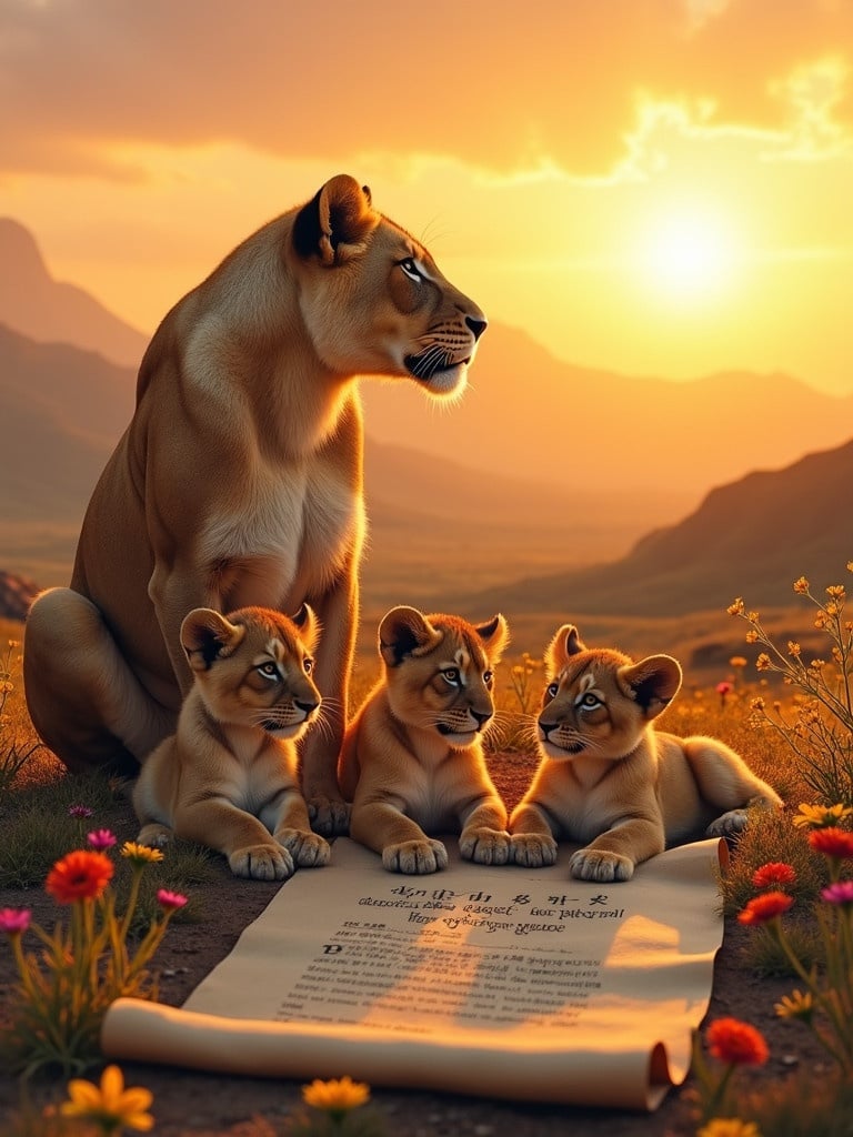 A lioness is resting with her three cubs during sunset. They are surrounded by colorful flowers. A scroll lies in front with the words A MOTHER'S BOND LASTS FOREVER. Majestic mountains are in the background.