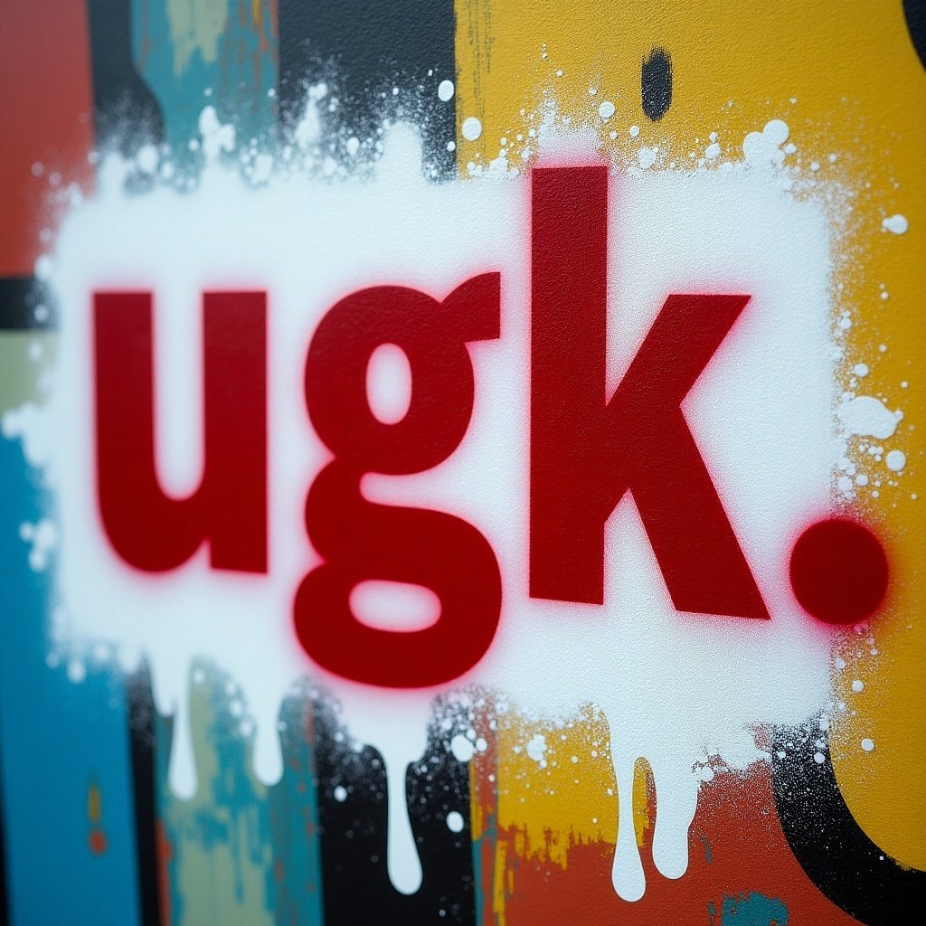 Bold spray-painted text u.g.k. close-up view of a billboard with colorful background.