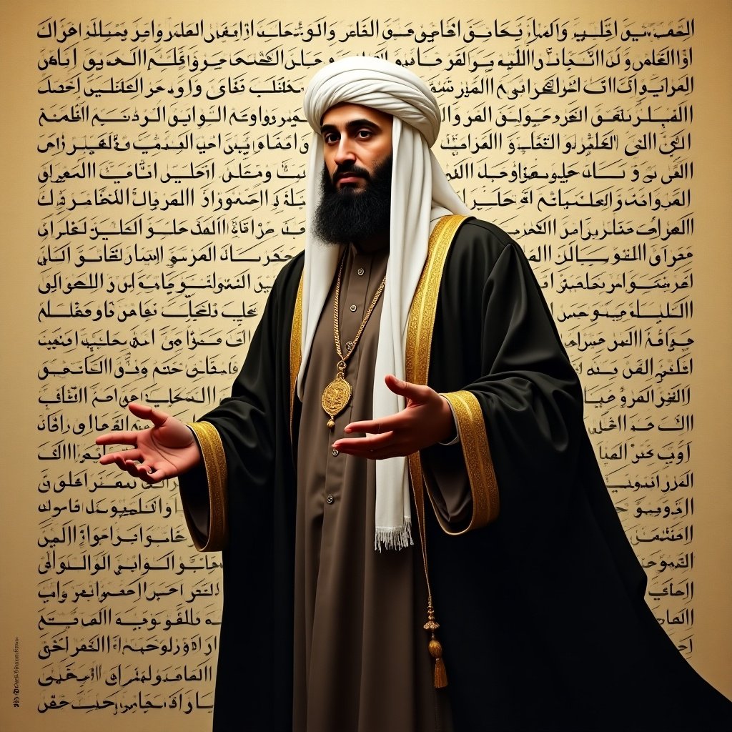 Image of a sheikh imam in front of Arabic calligraphy highlighting Abu Hanifa's significance. The calligraphy contains information about his life and contributions to Islamic law. It reflects his role as an influential scholar in Islamic history.