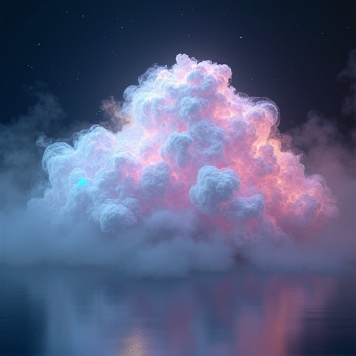 A large holographic cloud in 3D appears vibrant and colorful. The cloud glows with pink and blue hues. A calm water surface reflects the cloud. Stars can be seen in the dark sky above.