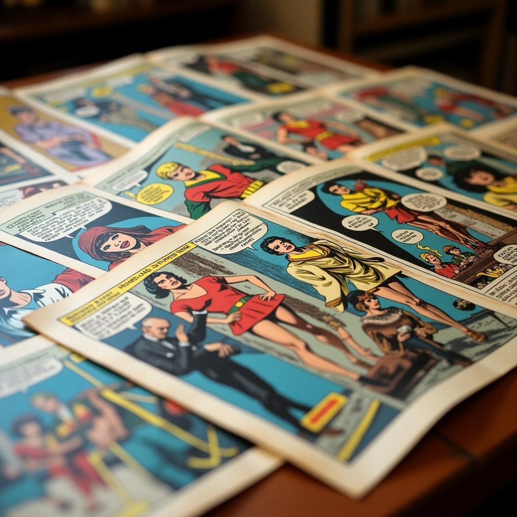 Close up image of a pile of comics spread out on a table. The comics feature vibrant colors and retro art styles typical of the 1930s. They evoke a sense of nostalgia tied to the nineties.