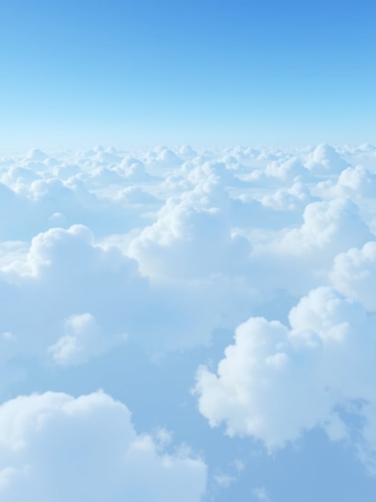 A vast sea of fluffy white clouds under a clear blue sky during daylight. Clouds are prominent with varying shapes and sizes. The sky is bright and clear without any distractions.