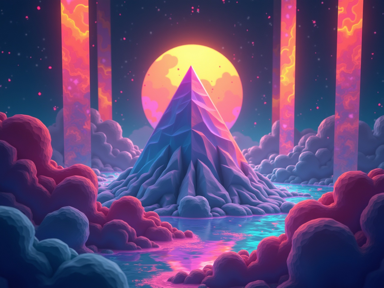 This image features a stunning isometric view of a prismatic geometric landscape. In the center, a majestic pyramid rises above swirling clouds. The environment is bathed in vibrant colors, with a radiant sun setting in the background. The scene is enhanced with reflections on the water surface, creating a surreal, dreamlike atmosphere. This fantasy composition invites viewers to explore this imaginative world.