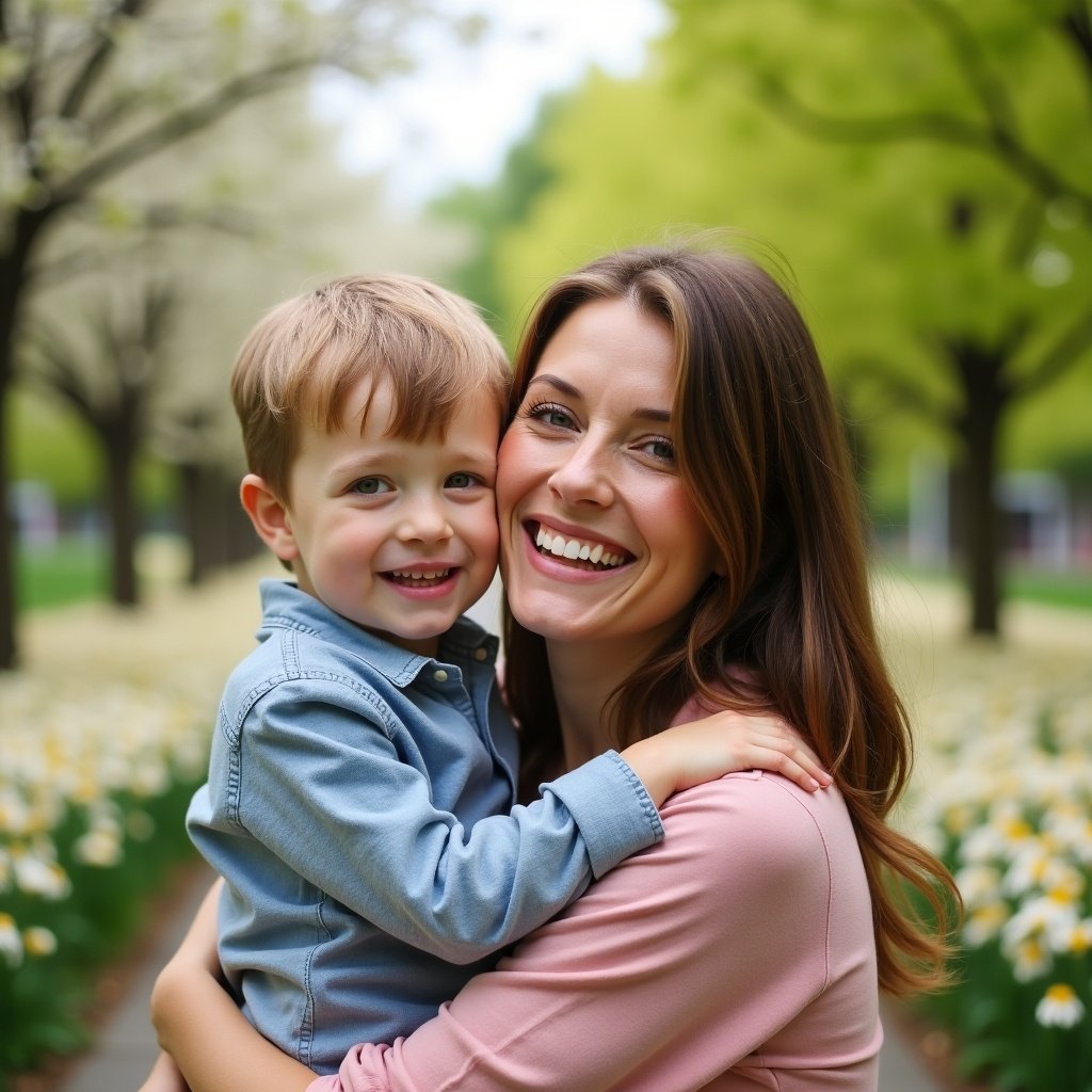 A cute boy and his mother are embracing in a park filled with blooming flowers and lush greenery. The background features soft-focus trees and colorful blossoms, creating a serene and joyful atmosphere. Both are smiling, reflecting a loving relationship.