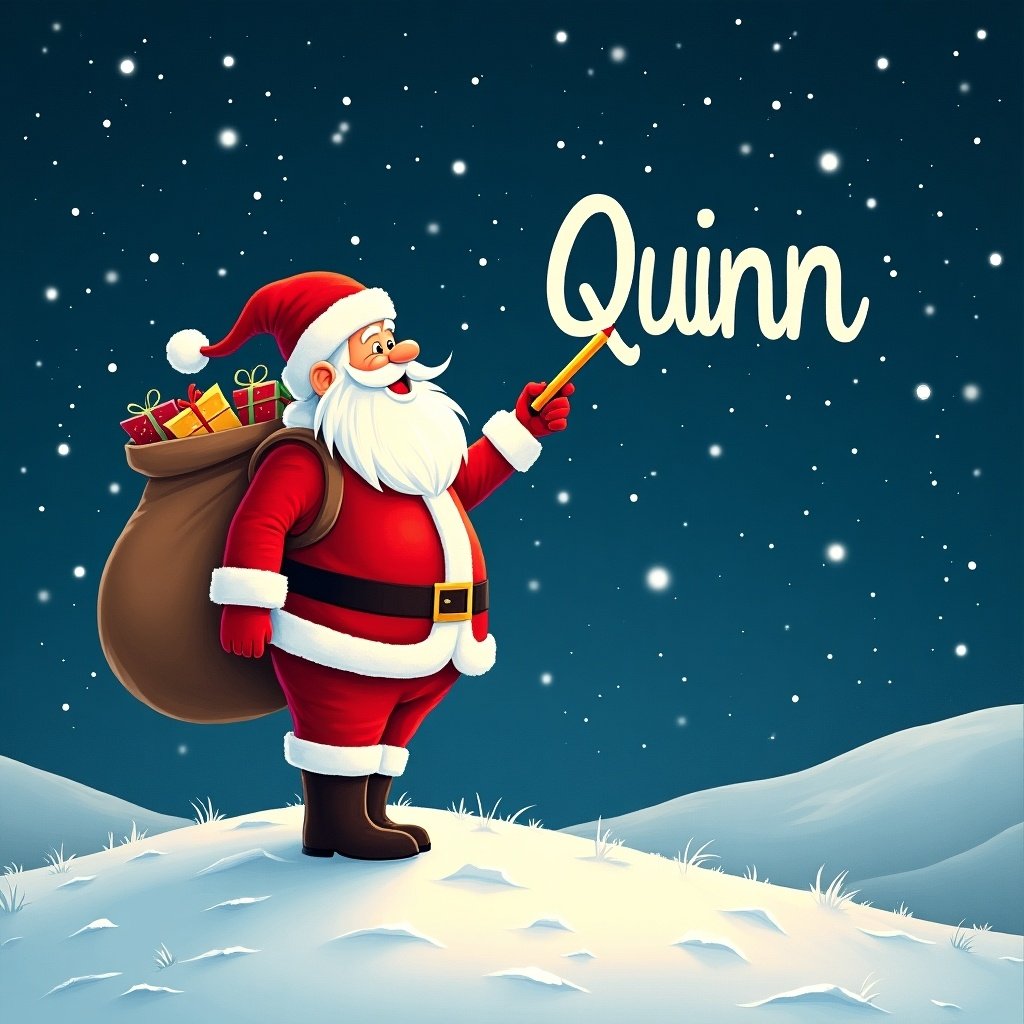 Santa Claus stands on a snowy hill. The night sky is filled with stars. He writes the name Quinn in a whimsical font with a pencil. Santa wears red and white attire. A large sack of gifts rests on his back.