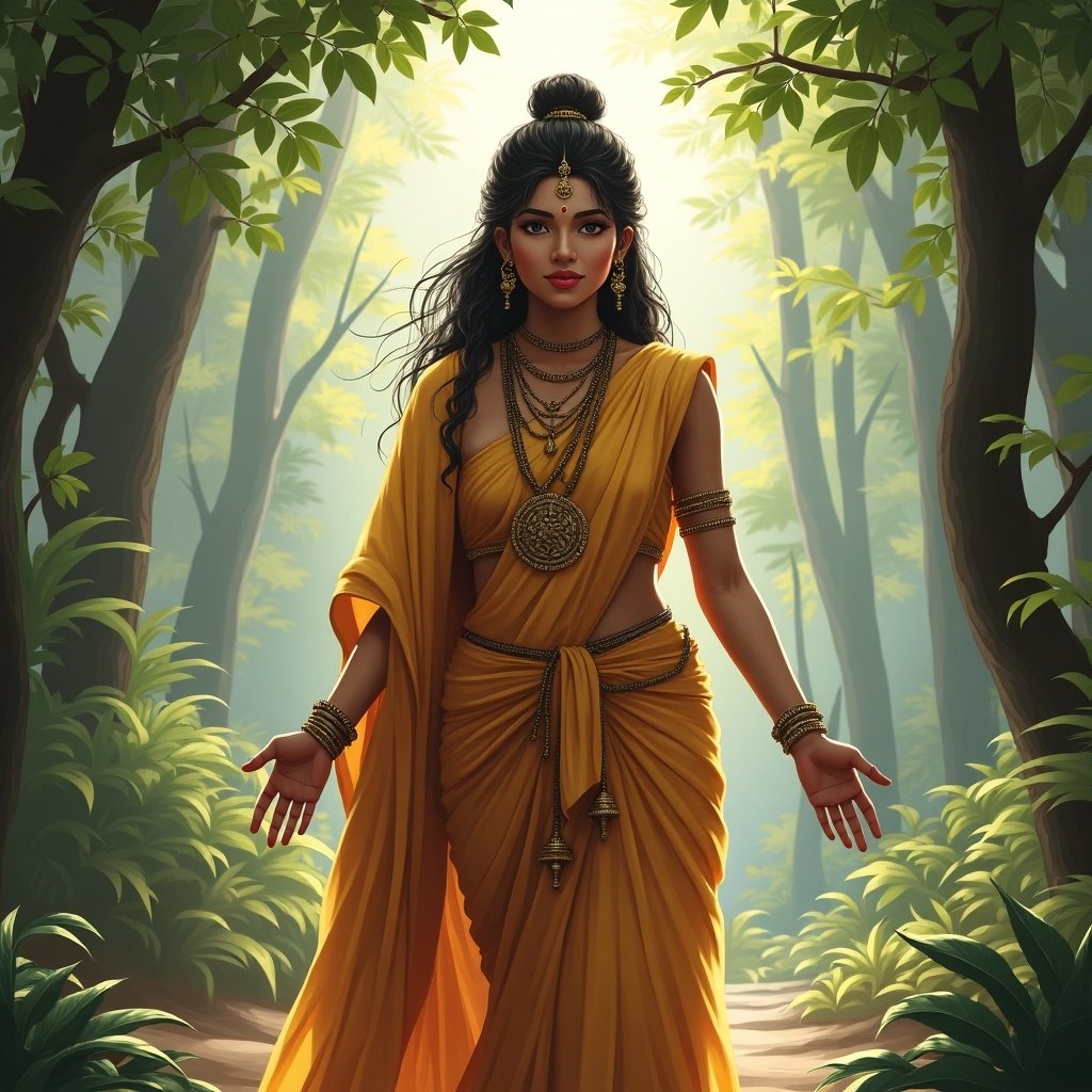 Create a full body representation of Mata Sita in a serene forest setting with natural light shining through trees.