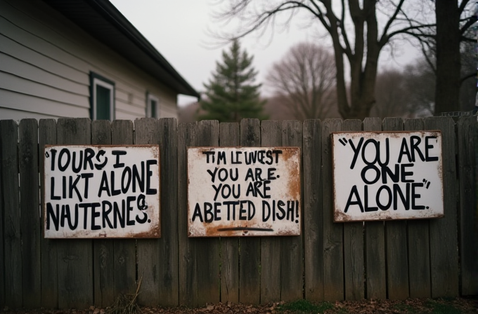 Three unconventional signs with cryptic messages are displayed on a wooden fence in an outdoor setting.