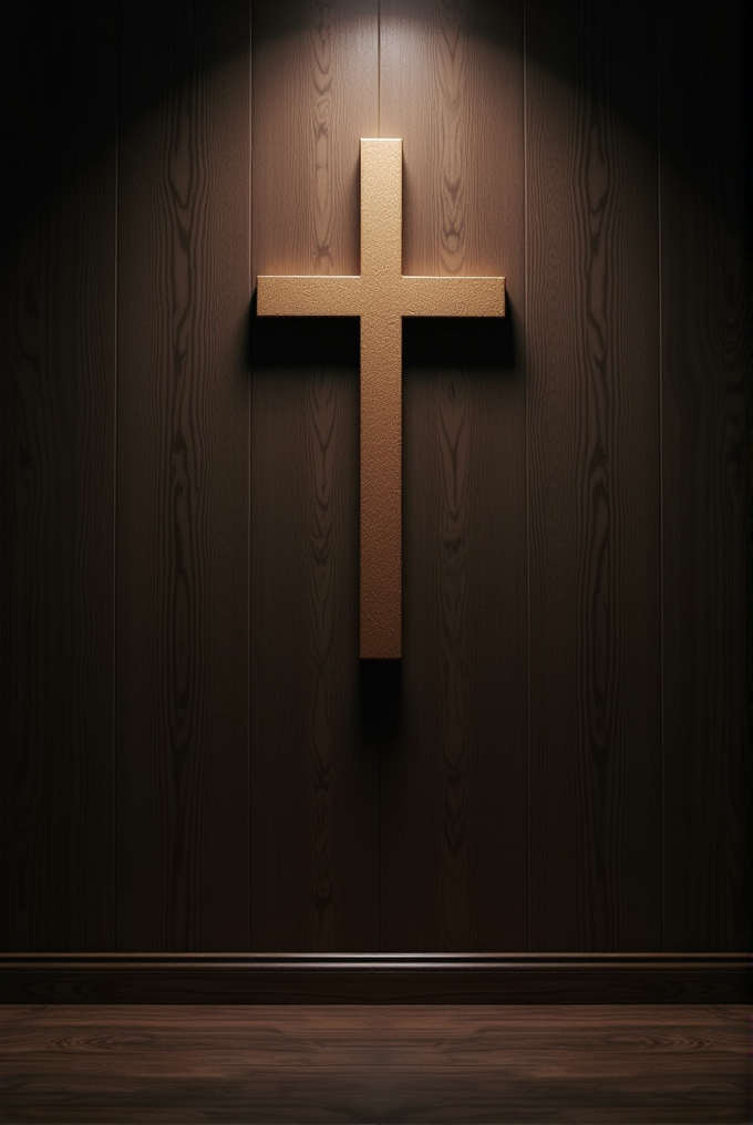 A wooden cross hangs on a dark wood-paneled wall under focused light.